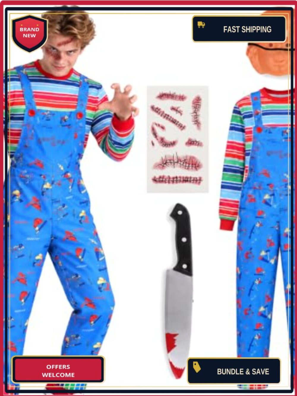 Adult Halloween Creepy Doll Killer Costume 5Pc